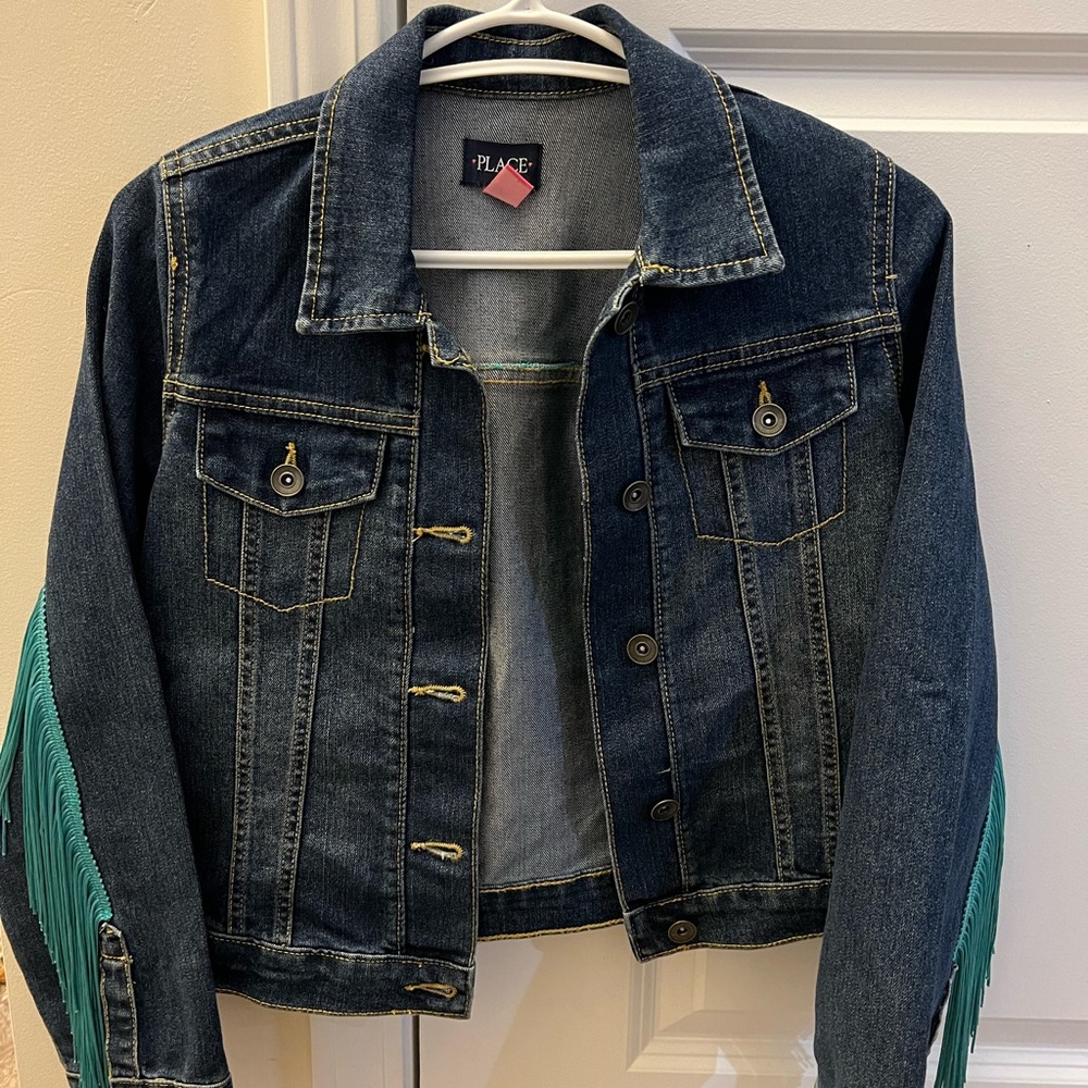 Denim Jacket with Fringe Sleeves